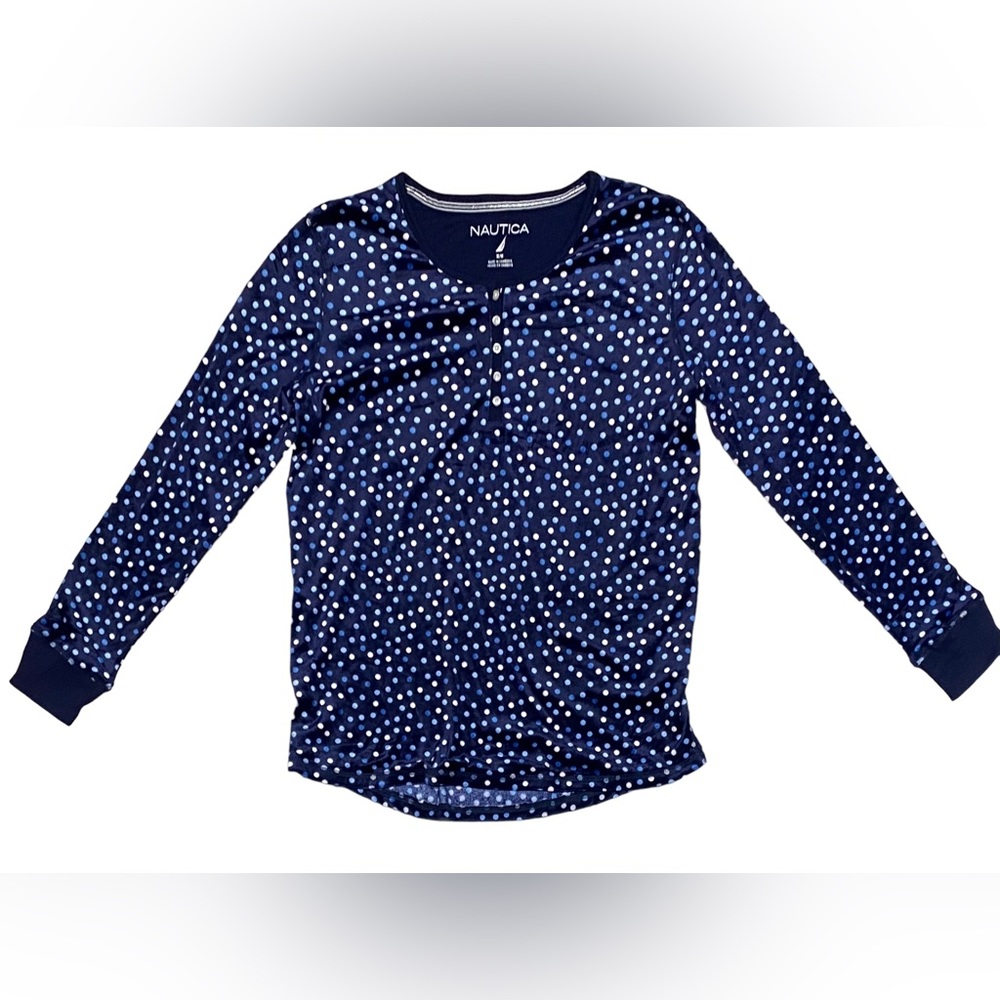 EUC Nautica Womens Soft Velour Pajama Top Size Medium Blue Polka Dots Super Soft